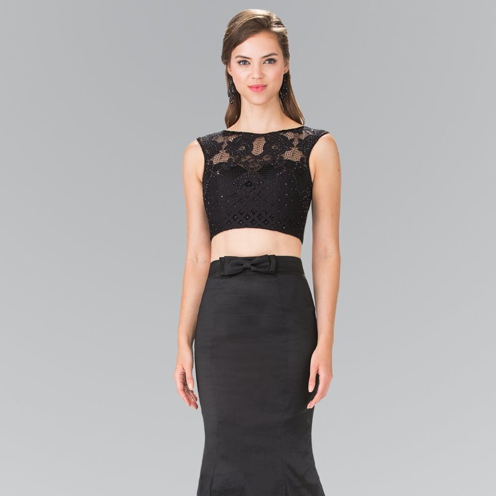 NEW LONG SLEEVELESS TWO PIECES DRESS EMBROIDERED WITH RHINESTONES & LACE GL2354
